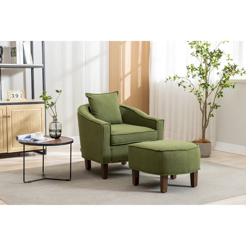 Poltrona a botte rotonda imbottita Mid-Century con pouf poggiapiedi