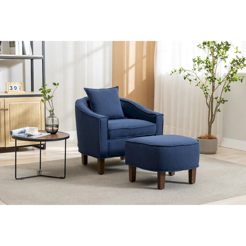 Poltrona a botte rotonda imbottita Mid-Century con pouf poggiapiedi