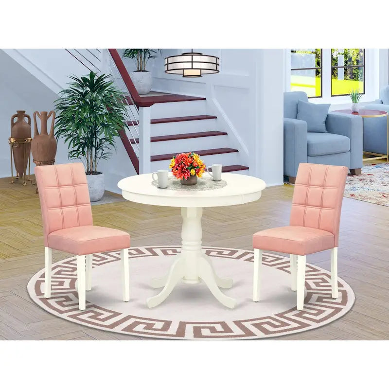East West Furniture Set da Cucina Include un Tavolo Rotondo e Sedie da Cucina, Lino Bianco (Opzioni di Pezzi)