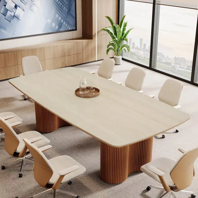 6.5 ft Conference Table with Sintered Stone Top & Wave Stripe Solid Wood Base
