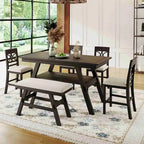 6-Piece Wood Counter Height Kitchen Dining Table Set with Storage Shelf, Bench and 4 Chairs, Espresso and Beige