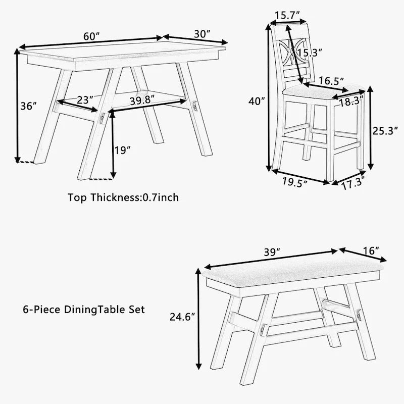 Set da pranzo da 6 pezzi in legno a altezza bancone con scaffale, panca e 4 sedie, Espresso e Beige