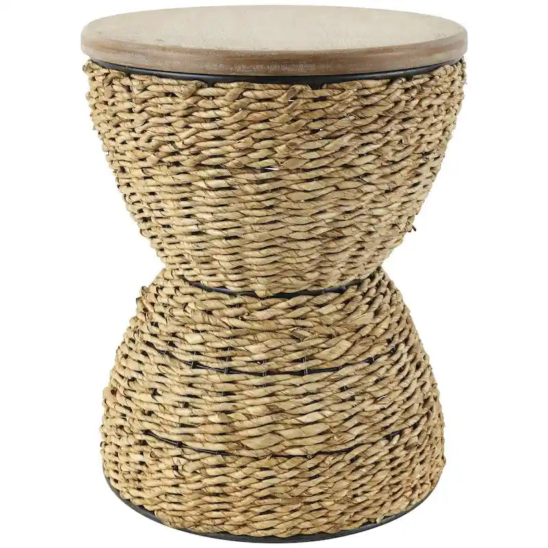 Tavolino d'appoggio in Rattan Intrecciato a Mano con Piano in Legno e Struttura Nera - Marrone Chiaro o Marrone - Roche River Decor