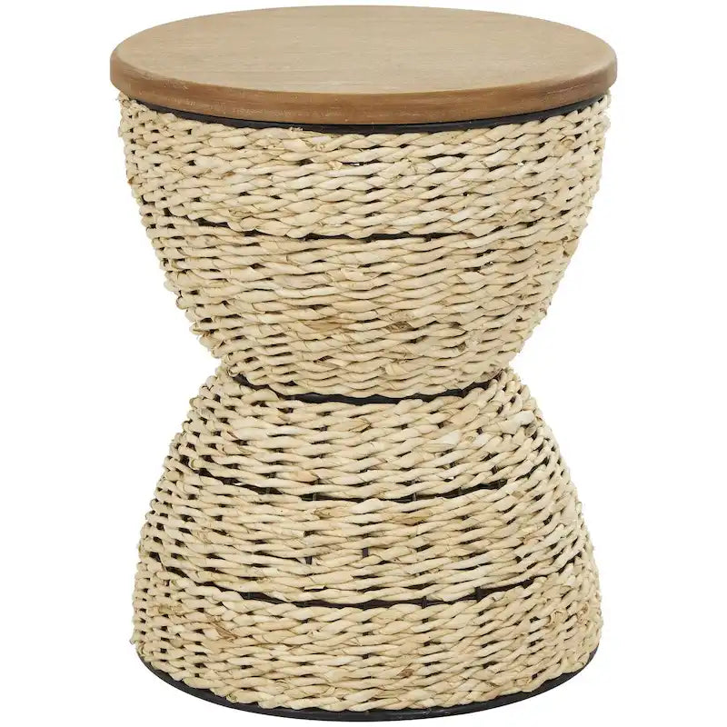 Tavolino d'appoggio in Rattan Intrecciato a Mano con Piano in Legno e Struttura Nera - Marrone Chiaro o Marrone - Roche River Decor