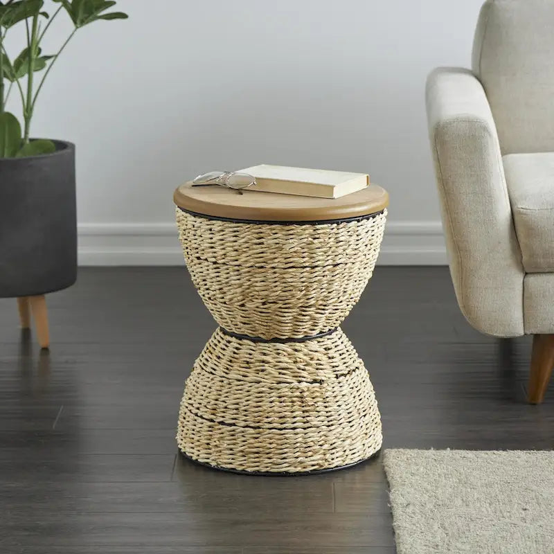 Tavolino d'appoggio in Rattan Intrecciato a Mano con Piano in Legno e Struttura Nera - Marrone Chiaro o Marrone - Roche River Decor