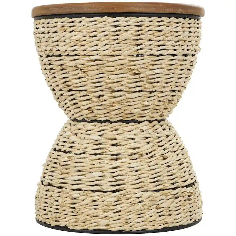 Tavolino d'appoggio in Rattan Intrecciato a Mano con Piano in Legno e Struttura Nera - Marrone Chiaro o Marrone - Roche River Decor