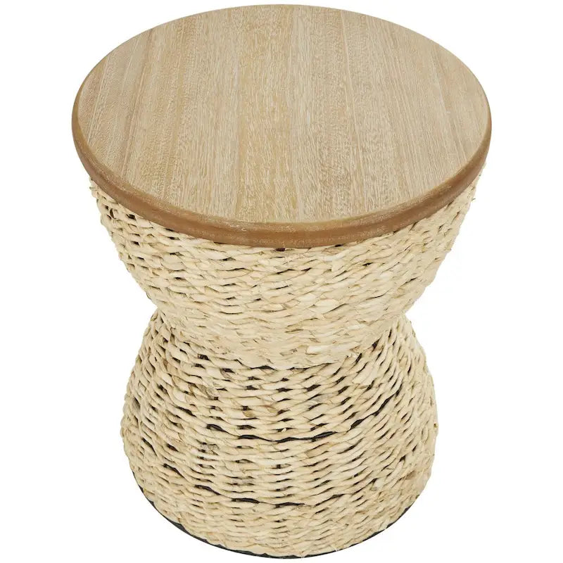 Tavolino d'appoggio in Rattan Intrecciato a Mano con Piano in Legno e Struttura Nera - Marrone Chiaro o Marrone - Roche River Decor