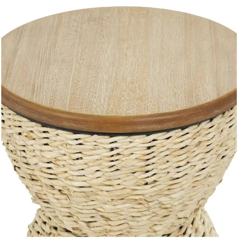 Tavolino d'appoggio in Rattan Intrecciato a Mano con Piano in Legno e Struttura Nera - Marrone Chiaro o Marrone - Roche River Decor