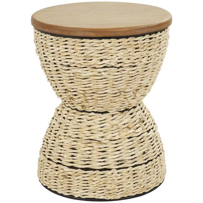Tavolino d'appoggio in Rattan Intrecciato a Mano con Piano in Legno e Struttura Nera - Marrone Chiaro o Marrone - Roche River Decor