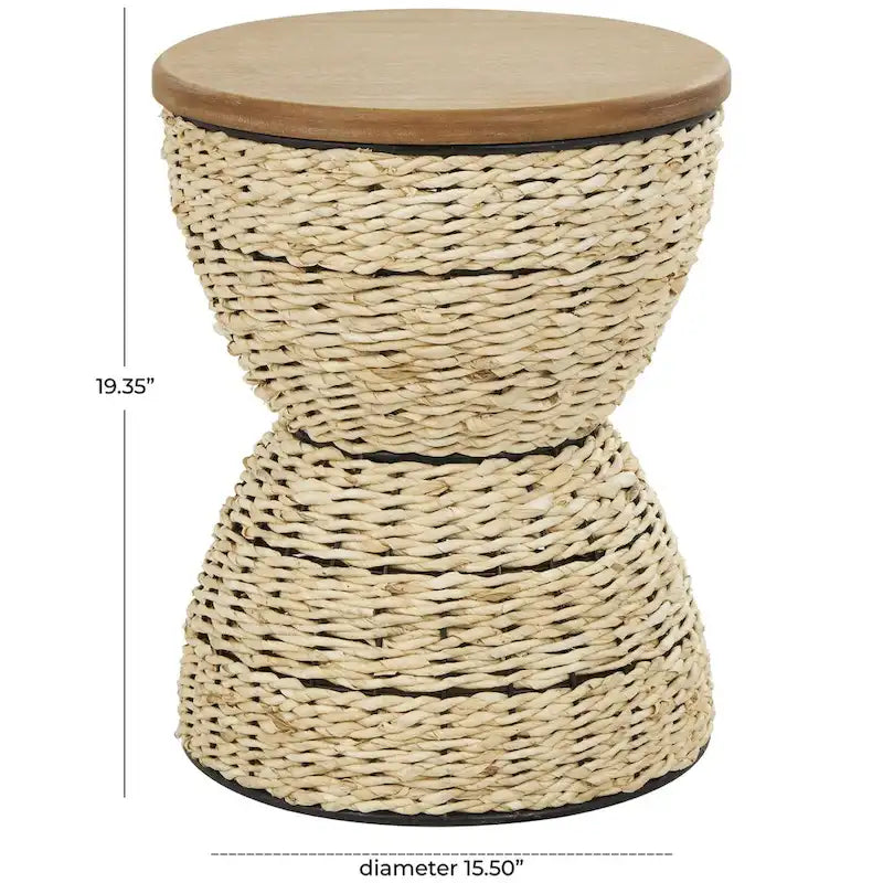 Tavolino d'appoggio in Rattan Intrecciato a Mano con Piano in Legno e Struttura Nera - Marrone Chiaro o Marrone - Roche River Decor