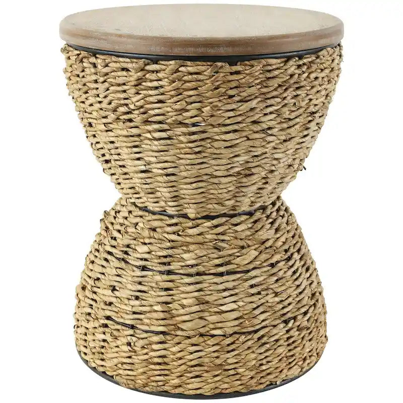 Tavolino d'appoggio in Rattan Intrecciato a Mano con Piano in Legno e Struttura Nera - Marrone Chiaro o Marrone - Roche River Decor