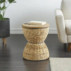 Tavolino d'appoggio in Rattan Intrecciato a Mano con Piano in Legno e Struttura Nera - Marrone Chiaro o Marrone - Roche River Decor