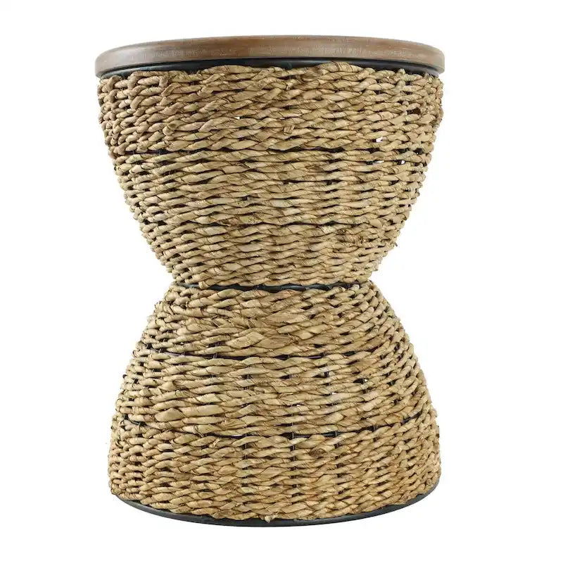 Tavolino d'appoggio in Rattan Intrecciato a Mano con Piano in Legno e Struttura Nera - Marrone Chiaro o Marrone - Roche River Decor