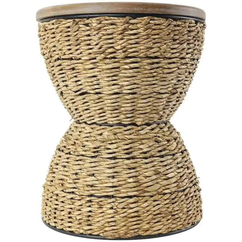 Tavolino d'appoggio in Rattan Intrecciato a Mano con Piano in Legno e Struttura Nera - Marrone Chiaro o Marrone - Roche River Decor