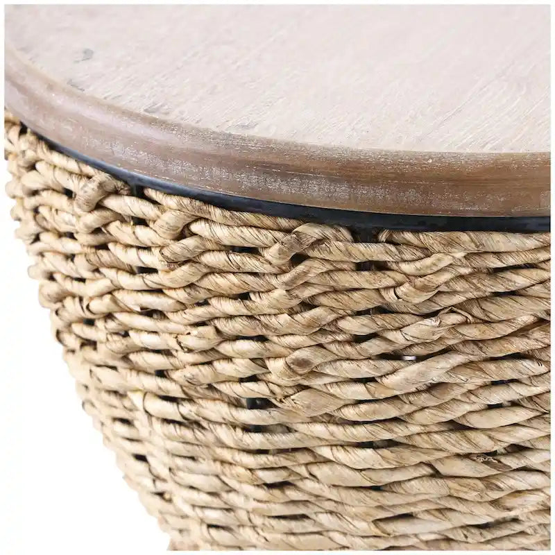 Tavolino d'appoggio in Rattan Intrecciato a Mano con Piano in Legno e Struttura Nera - Marrone Chiaro o Marrone - Roche River Decor