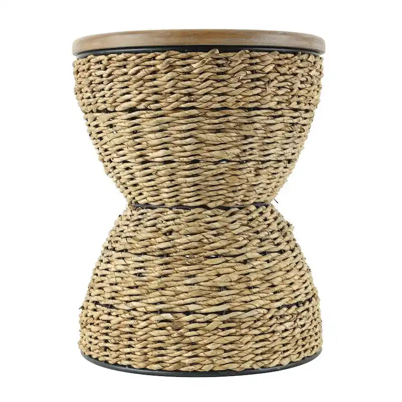 Tavolino d'appoggio in Rattan Intrecciato a Mano con Piano in Legno e Struttura Nera - Marrone Chiaro o Marrone - Roche River Decor