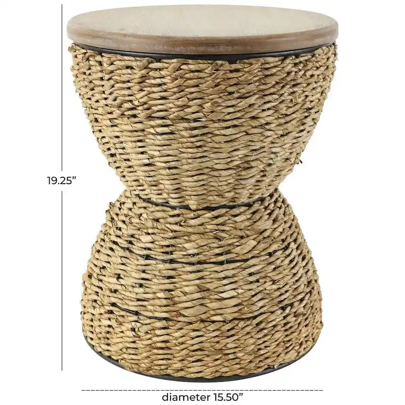 Tavolino d'appoggio in Rattan Intrecciato a Mano con Piano in Legno e Struttura Nera - Marrone Chiaro o Marrone - Roche River Decor